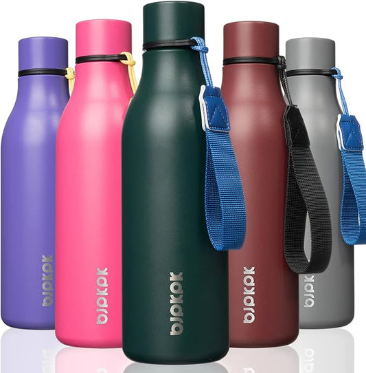 BJPKPK Insulated Water Bottles, 18 oz Stainless Steel Metal Water Bottle with Strap, BPA Free Leak Proof Jugs, Mugs, Flasks, Reusable Thermal Flasks for Sports & Travel, Army Green