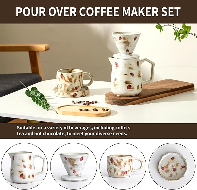 Handcrafted Pour Over Coffee Maker Set with Coffee Cup with Strawberry Pattern 20 Count Paper Filter V60 Drip Coffee Maker 20 oz Coffee Dripper (Strawberry)