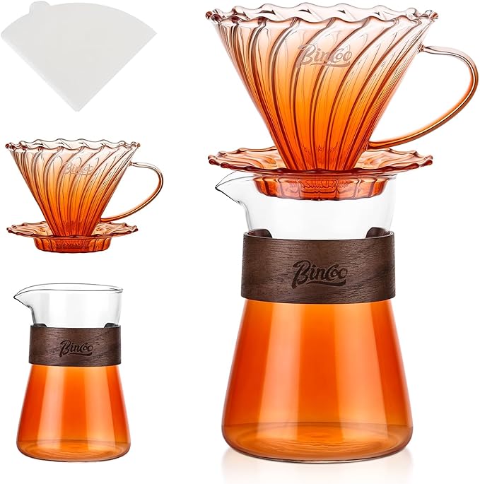 Bincoo Pour Over Coffee Maker Set - 500ML Glass Coffee Server,Glass Carafe with Coffee Dripper and 50PCS Paper Filter, Drip Coffee Maker Set for Home Café Restaurant (Orange)