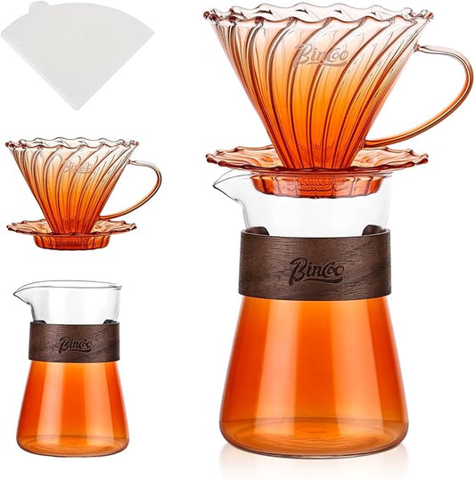 Bincoo Pour Over Coffee Maker Set - 500ML Glass Coffee Server,Glass Carafe with Coffee Dripper and 50PCS Paper Filter, Drip Coffee Maker Set for Home Café Restaurant (Orange)