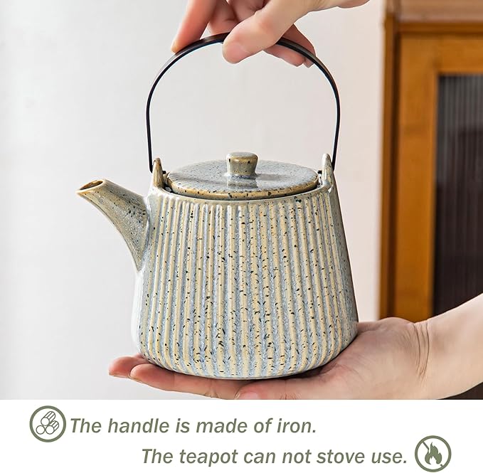 Yundu Grey with Blue Ceramic Teapots, 1000ml/33.8oz Tea Kettle, Enough for 4 Cups, Tea pot with infusers for loose tea, Striped Tea Pot with Removable Tea infuser