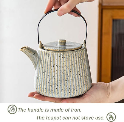 Yundu Grey with Blue Ceramic Teapots, 1000ml/33.8oz Tea Kettle, Enough for 4 Cups, Tea pot with infusers for loose tea, Striped Tea Pot with Removable Tea infuser