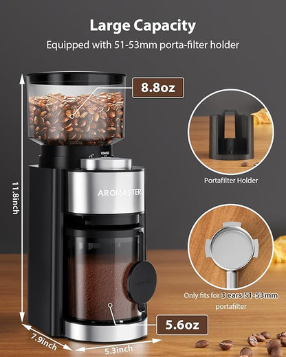 Aromaster Burr Coffee Grinder with 25 Grind Setting, Adjustable 2-12 Cups Timer, Professional Conical Coffee Bean Grinders for Home Use, 3-Ears Portafilter Holder, Anti-static, Cleaning Brush, Black