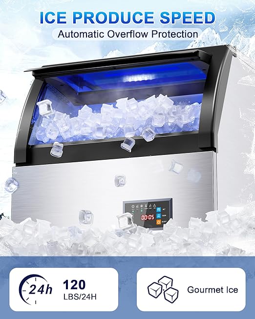 Commercial Gourmet Ice Maker, 120Lbs/24H Spray Ice Machine with 55Lbs Storage, Self-Cleaning & Adjustable Ice Thickness, Stainless Steel Freestanding Under Counter for Crystal Clear Nugget Ice Making