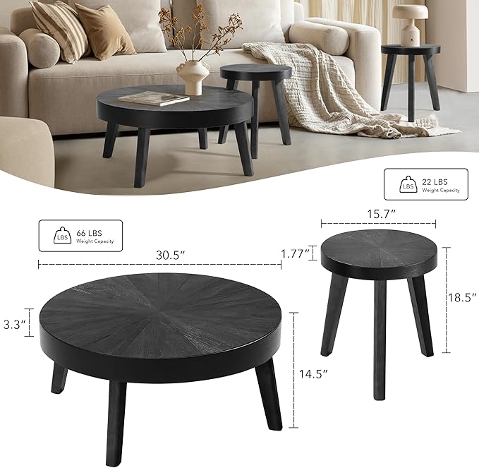 Farmhouse Round Coffee Table Set of 3, Black Sofa Side Nesting Tables End Table Set with Wood Natural Finish for Living Room, Bedroom, Home Office, Conference