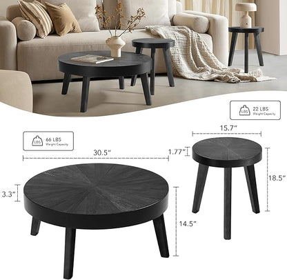 Farmhouse Round Coffee Table Set of 3, Black Sofa Side Nesting Tables End Table Set with Wood Natural Finish for Living Room, Bedroom, Home Office, Conference