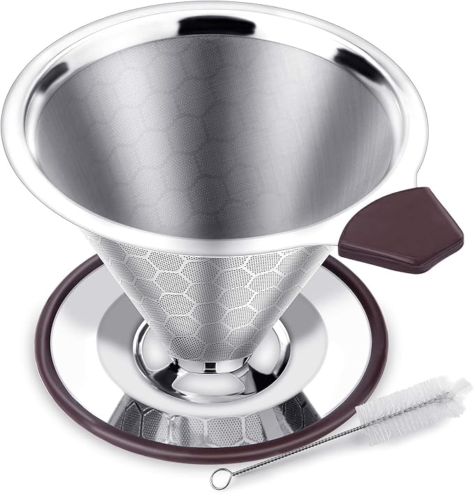 Pour Over Coffee Filter Dripper, Reusable Stainless Steel Metal Drip Coffee Maker Cone, Paperless Permanent Coffee Strainer, Coffee Mesh Filters for 1-4 Cup with Cleaning Brush