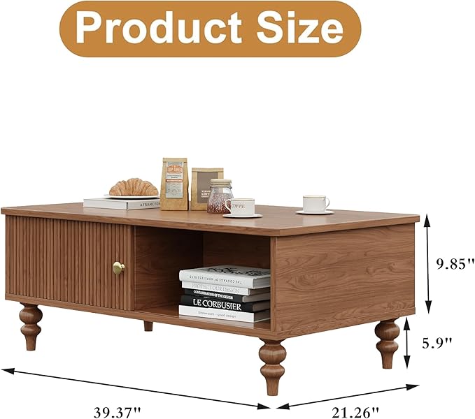 Mid-Century Modern Wooden Coffee Table with Storage, Slatted Door, Solid Wood Legs, Retro Coffee Table with Open Shelf for Home & Office & Lounge, Walnut