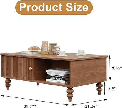 Mid-Century Modern Wooden Coffee Table with Storage, Slatted Door, Solid Wood Legs, Retro Coffee Table with Open Shelf for Home & Office & Lounge, Walnut