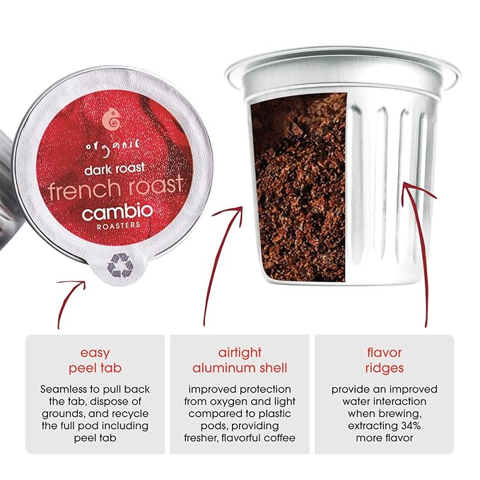 Cambio Roasters French Roast Organic Keurig KCups, Only Aluminum KCup Keurig Coffee Pods for Better & Longer Lasting Flavor, Intense Dark Roast Coffee K Cups, Toasty with Smoky Aroma, 10 count