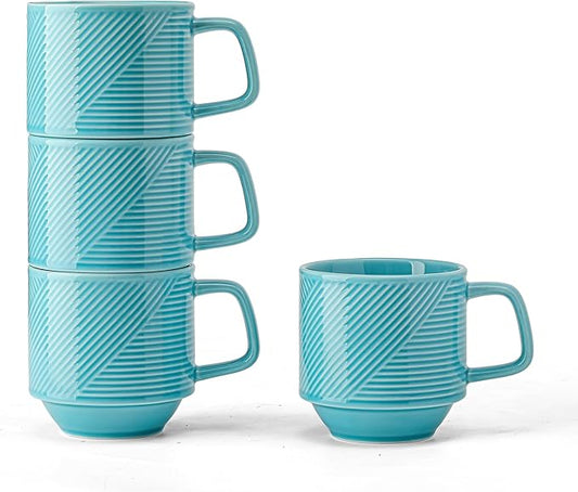 Stackable Coffee Mugs Set: 13 oz Ceramic Stacking Cups for Cappuccino Latte Tea - Microwave Safe Mug for Home & Office - 4 PCS, Turquoise
