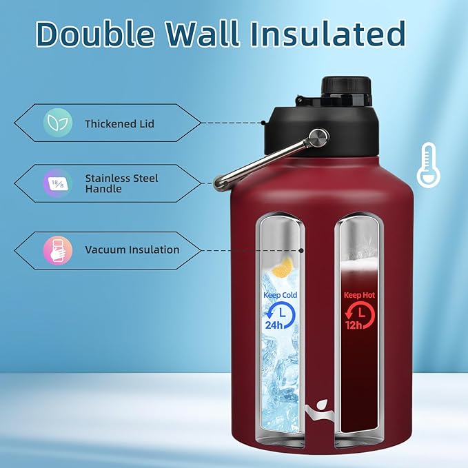 1 Gallon Jug with Handle,128 oz Insulated Water Bottle with Carrying Pouch, Double Wall Vacuum Stainless Steel Metal Bottle,Dark red