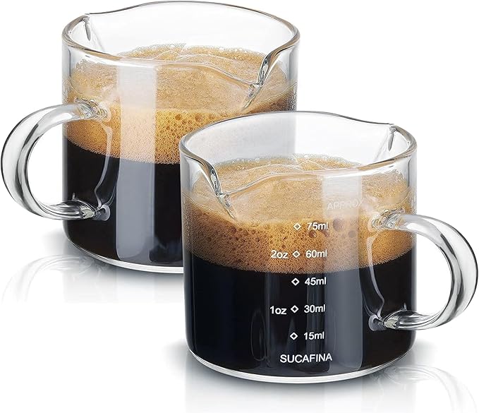 Espresso Cups Set of 2, 75ML Espresso Shot Glass with Handle Double Spout Cups Clear Glass Measuring Cup Coffee Accessories Great for Making Coffee Desserts Salad Dressing
