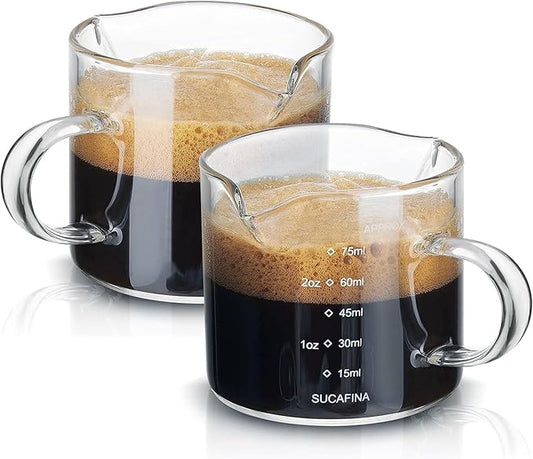 Espresso Cups Set of 2, 75ML Espresso Shot Glass with Handle Double Spout Cups Clear Glass Measuring Cup Coffee Accessories Great for Making Coffee Desserts Salad Dressing