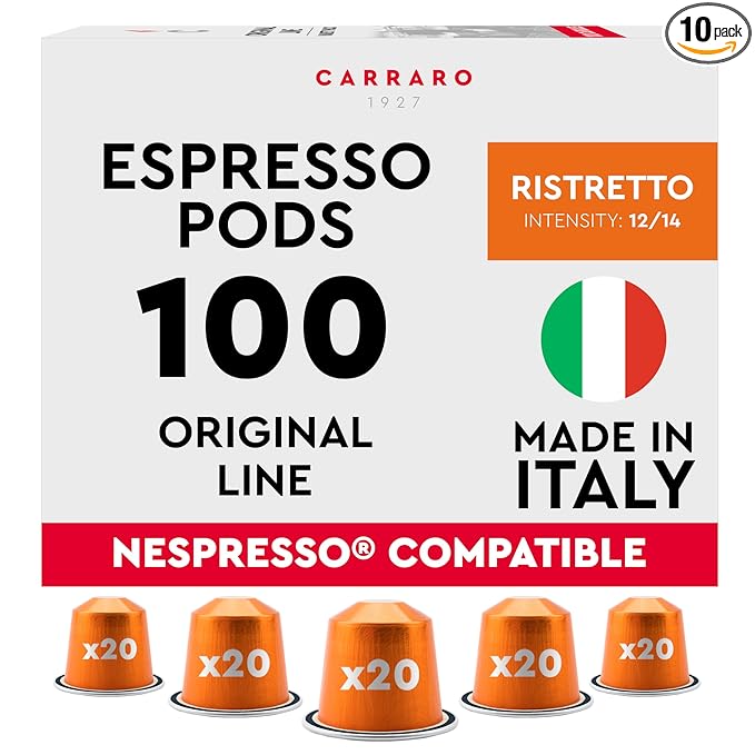 CARRARO 1927 Ristretto - 100 Aluminum Coffee Pods Compatible with Nespresso Original line - Intensity 12/14, Dark Roast Coffee Capsules Made in Italy