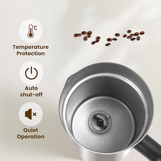 Milk Frother, 4-in-1 Milk Frother and Steamer, 10.6oz Electric Milk Steamer, Automatic Cold and Hot Foam maker for Lattes, Cappuccinos, Ceramic Lining Interior, Brushed