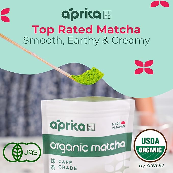 AprikaLife Organic Matcha Powder, USDA & JAS Certified, No Sugar Added, Authentic Japanese Cafe Grade Matcha Green Tea Powder Perfect for Matcha Lattes, Smoothies & Baking, 3.5 oz/100g
