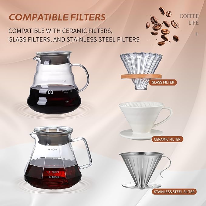 Glass Coffee Server for Drip Coffee Maker, Diamond Fashion Design Glass Coffee Carafe, Coffee Pot with Lid, Clear, 400ml(13.5oz)