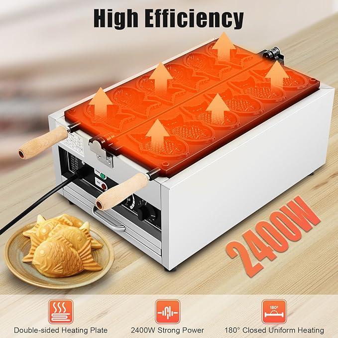 Taiyaki Fish Waffle Maker, 6PCS Electric Fish-Shaped Mold Baker 2400W Stick-Resistent Stainless Steel Commercial Waffle Iron Baker Machine for Restaurant Cafe Snack Shop Food Stall