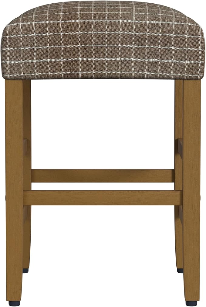 HomePop Home Decor |Classic Open-Back Counter Height Barstool| Square 24 Inch Bar Stools with Domed Cushion, Brown Window Pane Print