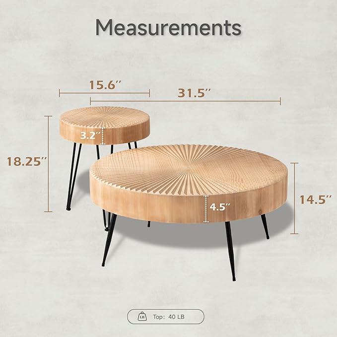 2-Piece Round Nesting Coffee Table Set, Natural Wood Top with Black Metal Legs, Radial Pattern – Rustic Farmhouse Accent for Living Room or Bedroom – Space-Saving Modern Furniture