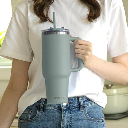 40 oz Tumbler with Handle and Straw Lid,Insulated Reusable Stainless Steel Water Bottle Travel Mug，Cupholder Friendly Double Wall Vacuum Sealed Cup (Shale)