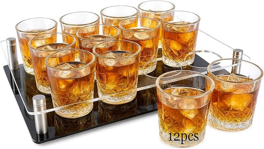 Ruckae 12 Pack 1.5 OZ Shot Glasses Set with Tray Crystal Shot Glass Bulk Clear Cone Shot Glasses for Vodka Tequila Whiskey Liquor