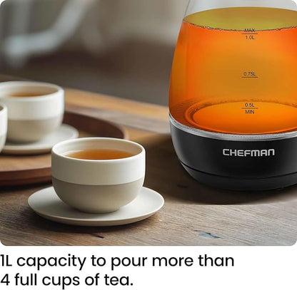 Chefman Electric Kettle with Tea Infuser, 1L 1500W, Removable Lid for Easy Cleaning, Boil-Dry Protection, Stainless Steel Filter, BPA Free, Auto Shut Off Hot Water Boiler, Small Electric Tea Kettle