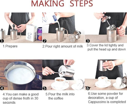 Stainless Steel Milk Frother Pitcher, Manual Coffee Foamer, 800ML Capacity, with Lid and Handle