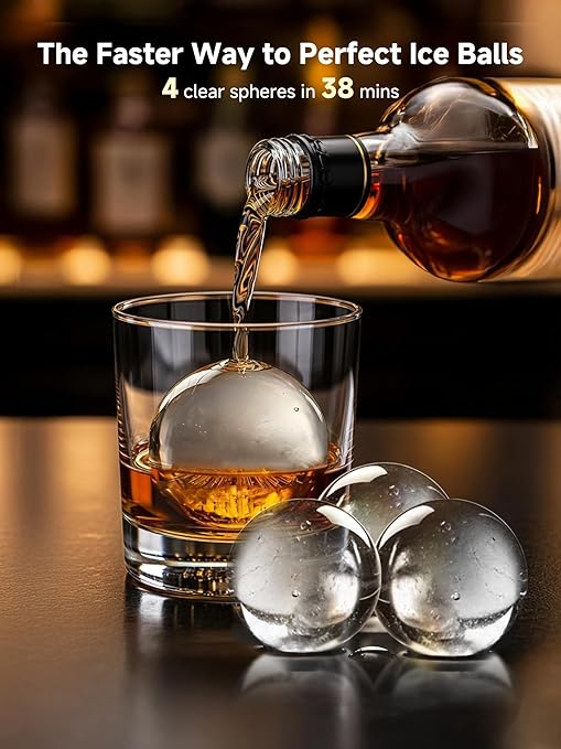2" Clear Ice Ball Maker with ClearCore Technology, 150 pcs/Day, 4 pcs in 38 Mins, Sphere Ice Maker with Enhanced Insulation, Self-Cleaning, Automatic Water Supply for Whiskey & Bourbon