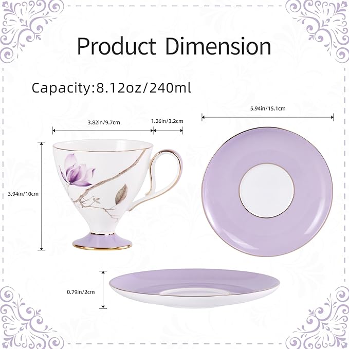 KAMMAK Ceramic Coffee Cups Saucers Set of 2, Porcelain Espresso Cups with Saucers, 8.12 oz Handcrafted Elegant Bone China Tea Cups, Purple Hibiscus & Iris Flower Pattern Teacup for Party, Office, Gift