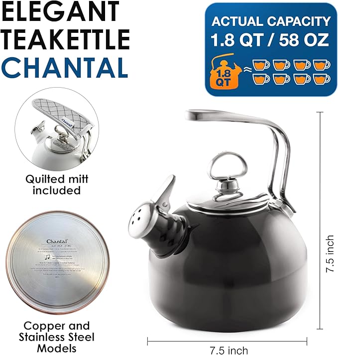 Chantal Classic Teakettle, 1.8 QT, Enamel On Steel, 2-Tone Harmonica Whistle, Rapid Boil and Even Heating (Black)