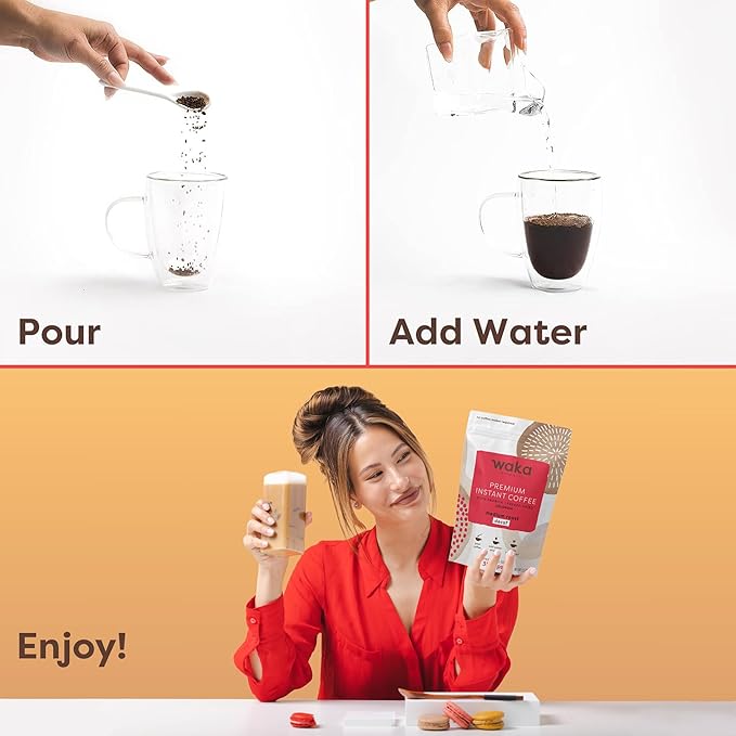 Waka Premium Decaf Instant Coffee Pouch — 100% Colombian Arabica Freeze Dried Beans — For Hot or Iced Coffee (8 Ounces, Decaf Medium Roast)