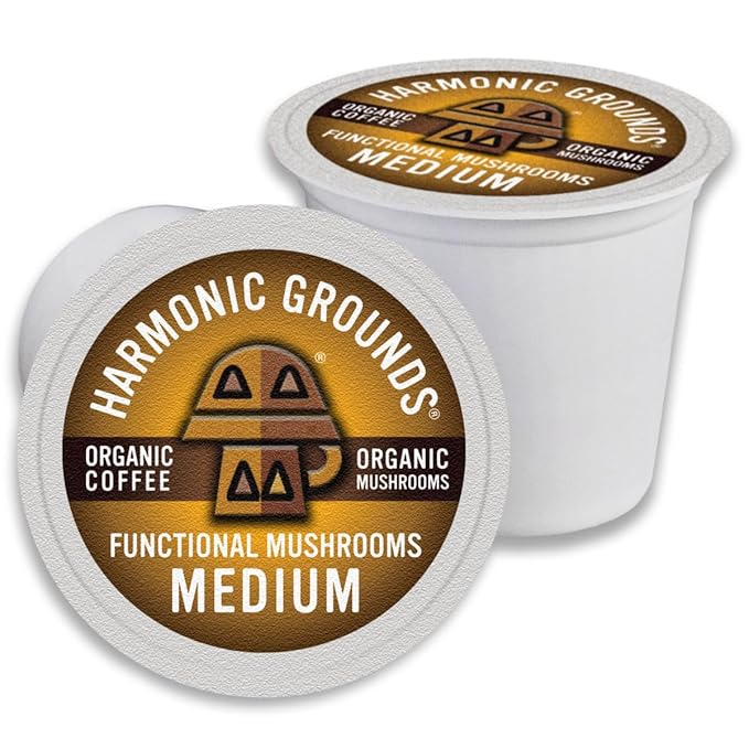 Harmonic Grounds Organic Mushroom Coffee Pods - Medium Roast Coffee with Lion's Mane, Reishi, Chaga, Cordyceps & Turkey Tail - Compatible with Keurig K-Cup Brewers - 34 Count