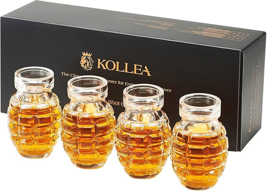 Kollea Grenade Shaped Shot Glass Set, Funny Shot Cups with Heavy Base for Whiskey, Tequila, Vodka, Liquor, 21st Birthday Gifts for Men Dad, Military Men Cave Decor, 3.7 Oz Bartender, 4 Pcs, Christmas