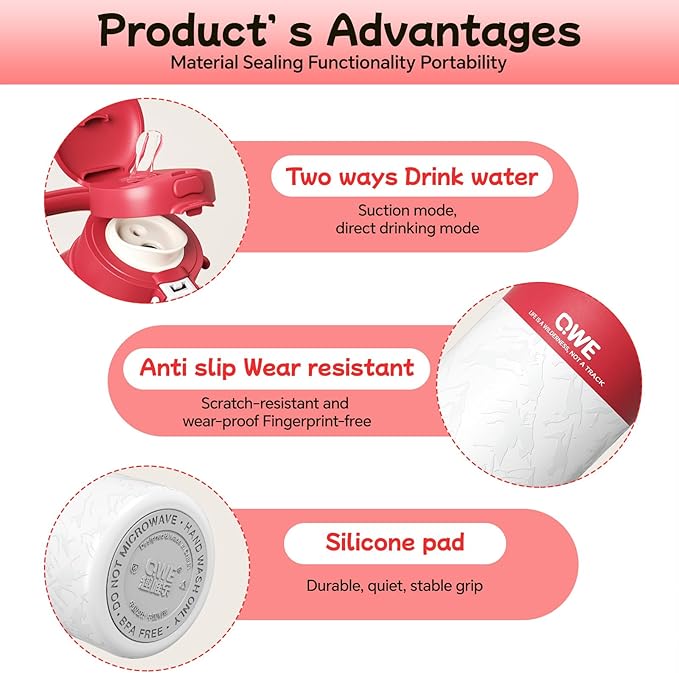 QWE Large Insulated Water Bottle with Straw&Lids,1200ml/40oz Vacuum Sealed Sport Bottles,Double Drinking,Stainless Steel Tumbler with Handle,LeakProof,BPA-Free,for Hiking,Gym,camp (Morden Red)