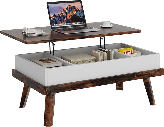Shintenchi Coffee Table, Lift Top Coffee Table with Hidden Compartment, Rising Tabletop Dining Table, Lift Top Coffee Center Table for for Living Room, Office, Home (Rustic Brown)