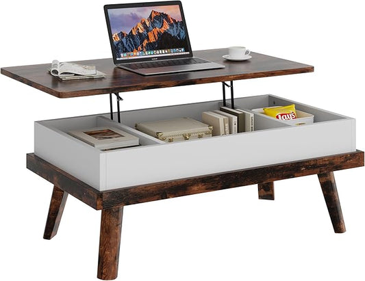 Shintenchi Coffee Table, Lift Top Coffee Table with Hidden Compartment, Rising Tabletop Dining Table, Lift Top Coffee Center Table for for Living Room, Office, Home (Rustic Brown)