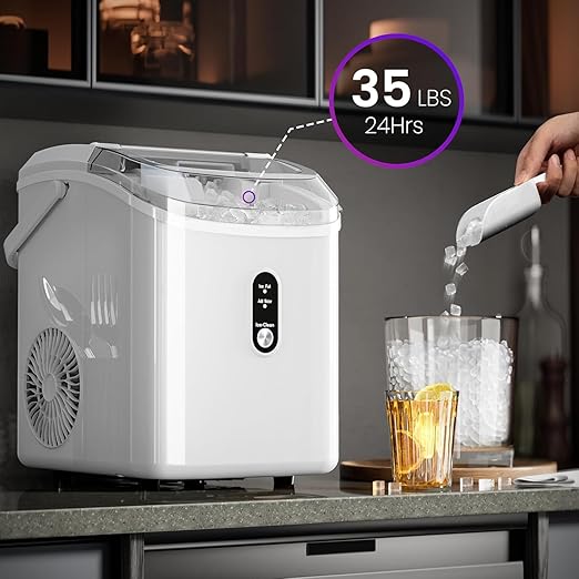 Kismile Nugget Ice Makers Countertop,35Lbs/24H,Portable Countertop Machine with Chewable Pellet Ice,Self-Cleaning,One-Click Operation for Home/Office(White)