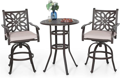 PHI VILLA Patio Furniture Set, Brown 3Pcs Cast Aluminum High Top Table and Swivel Bar Stools with Cushion, Pub Bistro Set for Outdoor