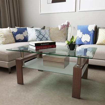 Glass Coffee Table for Living Room, Mordern Sofa Center Tables with Storage, Brown Metal Leg, Rectangle Tempered Glass Center Table Home Furniture