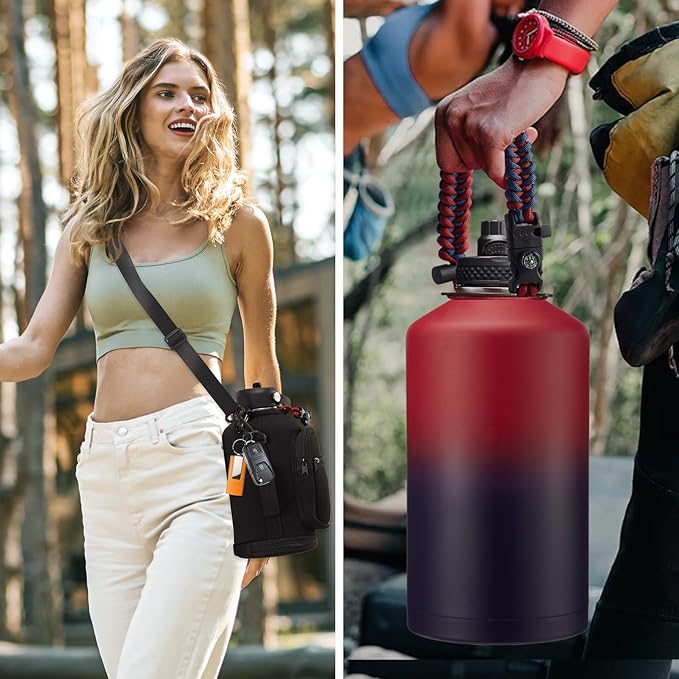 1 Gallon Insulated Water Bottle with Straw - 128oz 64oz Water Jug with Handle Paracord, Straw Spout Lids, Bottle Carrier, Triple Walled Stainless Steel Hydro Bottle, Metal Gallon Water Bottle Large