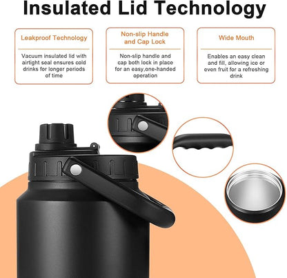 Sursip One Gallon Insulated Water Jug wtih Straw,128 Oz Large Sports Water Bottle Stainless Steel Thermos Hot & Cold Drinks for Travel, Hiking, Camping 1 Gallon Jug (Black)