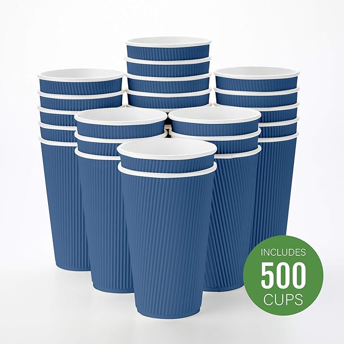 Restaurantware 16 Ounce Ripple Wall Disposable Coffee Cups, 500 Insulated Midnight Blue Paper Tumblers with Rolled Rim Design, Lids Sold Separately for Hot Drinks like Tea, Hot Chocolate and More