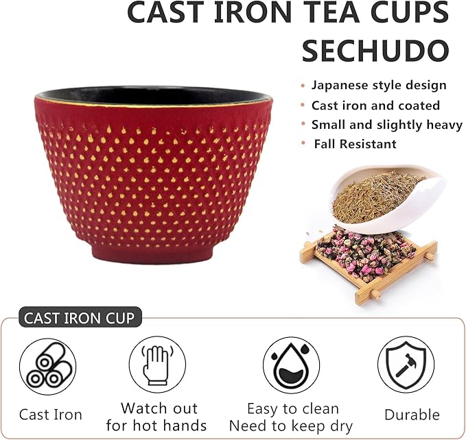 Japanese Cast Iron Tea Cups, Small and Heavy Teacups with no Handles, Japanese Style Cups for Adults, Asian Teacup, Coated with Enameled Interior, 4 Pcs/Box (Red, 2oz/60ml)
