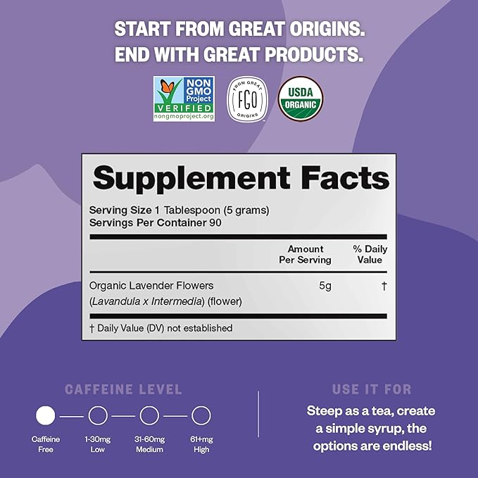 FGO Organic Dried Lavender Flowers, Extra Grade Dried Buds, Imported From France for Culinary or Sachet Bags, 4oz, Packaging May Vary (Pack of 1)