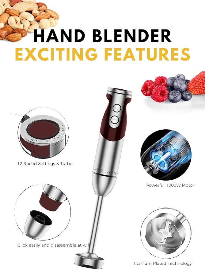 MEGAWISE new Hand Blender Series Single Hand Blender,no attachments,12-Speed,Includes Powerful Blender Stick- Easy to Clean and Perfect for Smoothies, and More (RED)