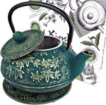 Load image into Gallery viewer, Large Japanese Cast Iron Teapot Capacity 40Oz with Trivet and Loose Leaf Tea Infuser, Cast Iron Tea Kettle Stovetop Safe. Tetsubin Coated with Enamel Interior - Green Teapot