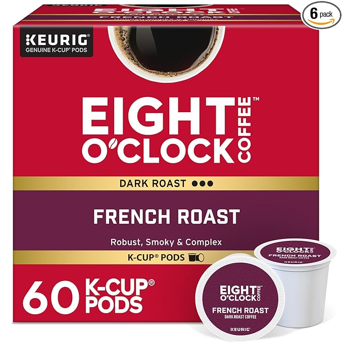 Eight O'Clock Coffee French Roast, Single-Serve Coffee K-Cup Pods, Dark Roast, 60 Count (6 packs of 10)