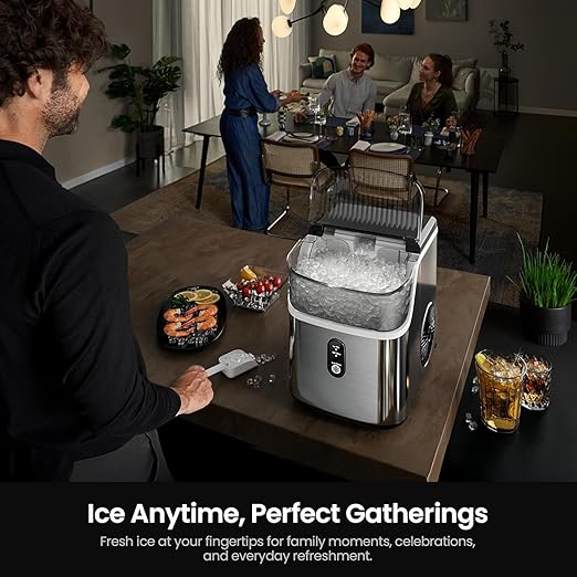 Kismile Nugget Ice Makers Countertop,Portable Ice Machine with Crushed Ice, 35lbs/Day,Self-Cleaning,One-Click Operation for Home Use(Silver)